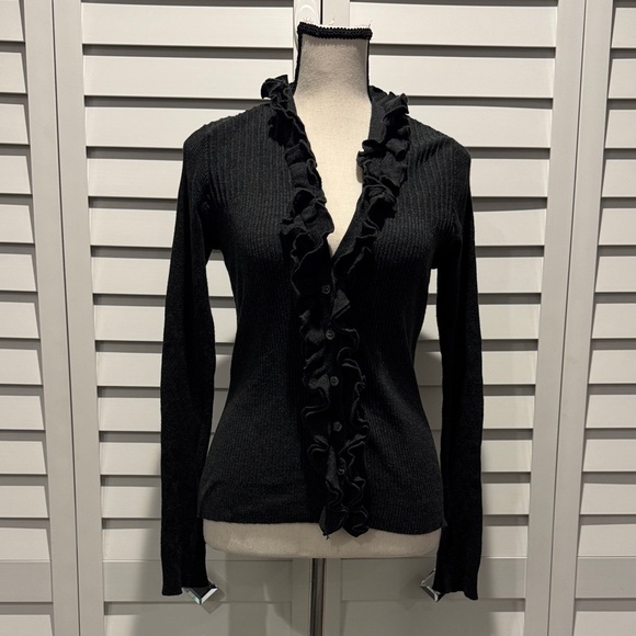 The Limited Sweaters - The Limited Gray ribbed ruffle button down V-Neck Sweater